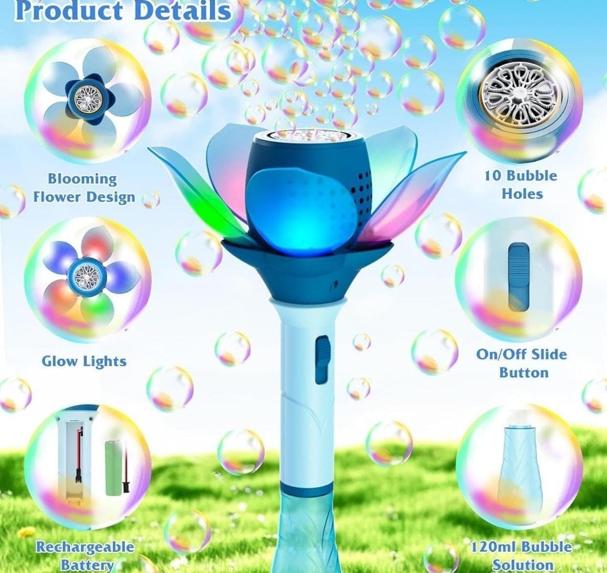 Fun flower-shaped electric bubble wand for children, an automatic bubble maker that creates a continuous stream of bubbles, ideal for outdoor entertainment and sensory play. www.usmile.toys